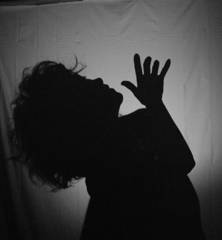 Silhouette — hand raised against white